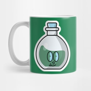 Potion Bottle with Cartoon Character Sticker vector illustration. Science object icon concept. Handsome cartoon with Potion sticker vector design. Cartoon character drink design. Mug